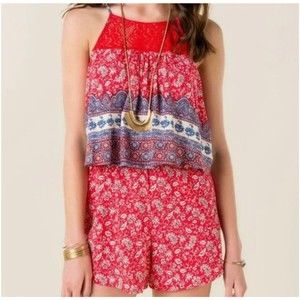 Women’s Boutique Red Blue Floral Paisley Lace Print Romper Adjustable Straps XS
